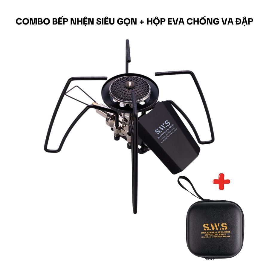 Bếp Gas Cắm Trại Ngoài Trời Cao Cấp, Bếp Gas Mini Kiểu Nhện Màu Đen, Dùng Cho Dã Ngoại, Camping - Combo bếp nhện đen + Hộp