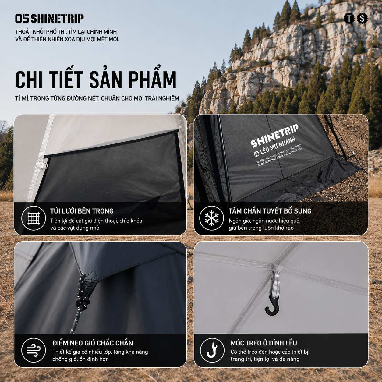 Lều Tự Động Mái Vòm SHINETRIP 05 4x4m – Vải Oxford 150D Tráng Bạc, Chống Nắng Mưa, Dã Ngoại Gia Đình