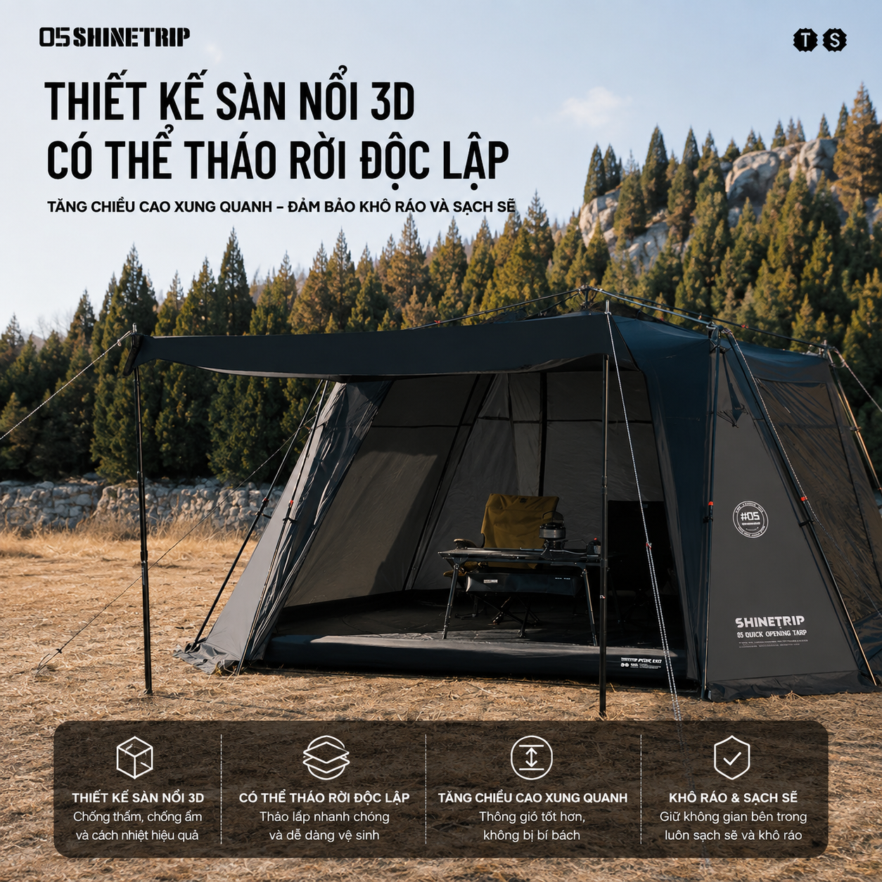 Lều Tự Động Mái Vòm SHINETRIP 05 4x4m – Vải Oxford 150D Tráng Bạc, Chống Nắng Mưa, Dã Ngoại Gia Đình