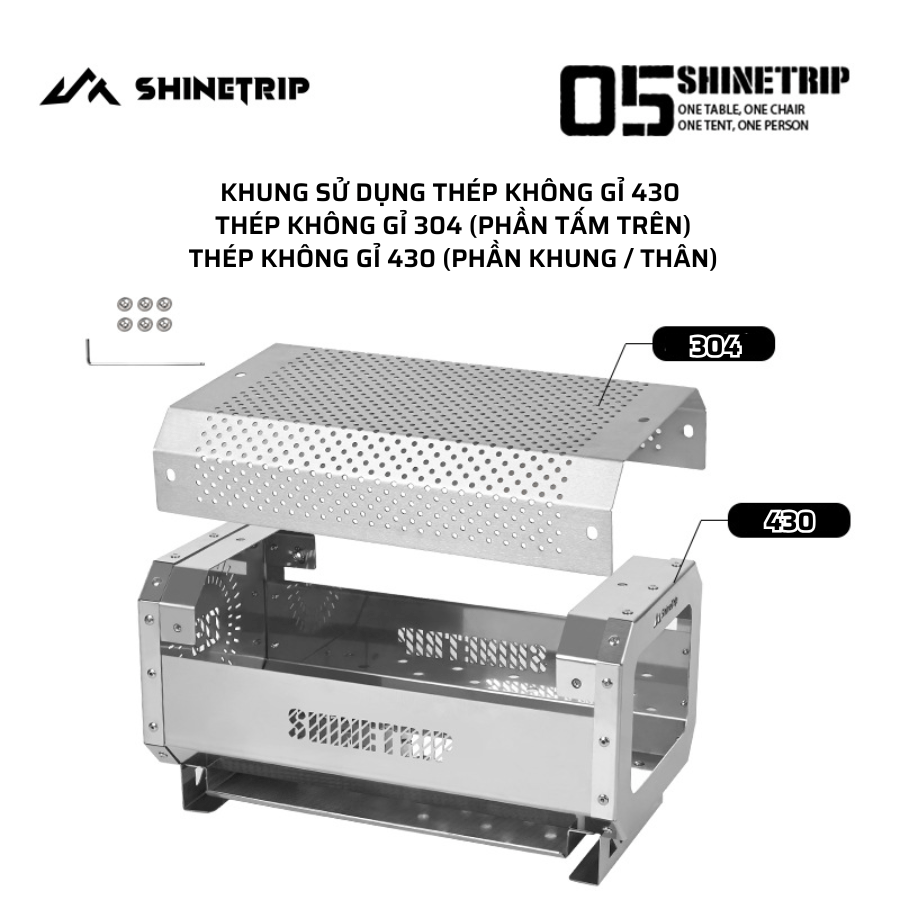 Bếp lửa để bàn dạng tổ ong ShinetTrip 05 làm từ inox, chịu nhiệt cao tới 900°C, phù hợp sưởi ấm, đốt
