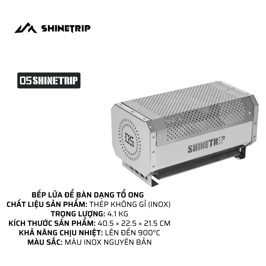 Bếp lửa để bàn dạng tổ ong ShinetTrip 05 làm từ inox, chịu nhiệt cao tới 900°C, phù hợp sưởi ấm, đốt
