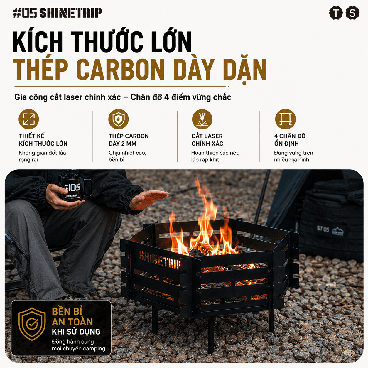 Bếp Lửa Dã Ngoại ShineTrip Gấp Gọn – Khay Đốt Củi Thép Carbon, Bếp Đốt Lửa Camping, BBQ Ngoài Trời