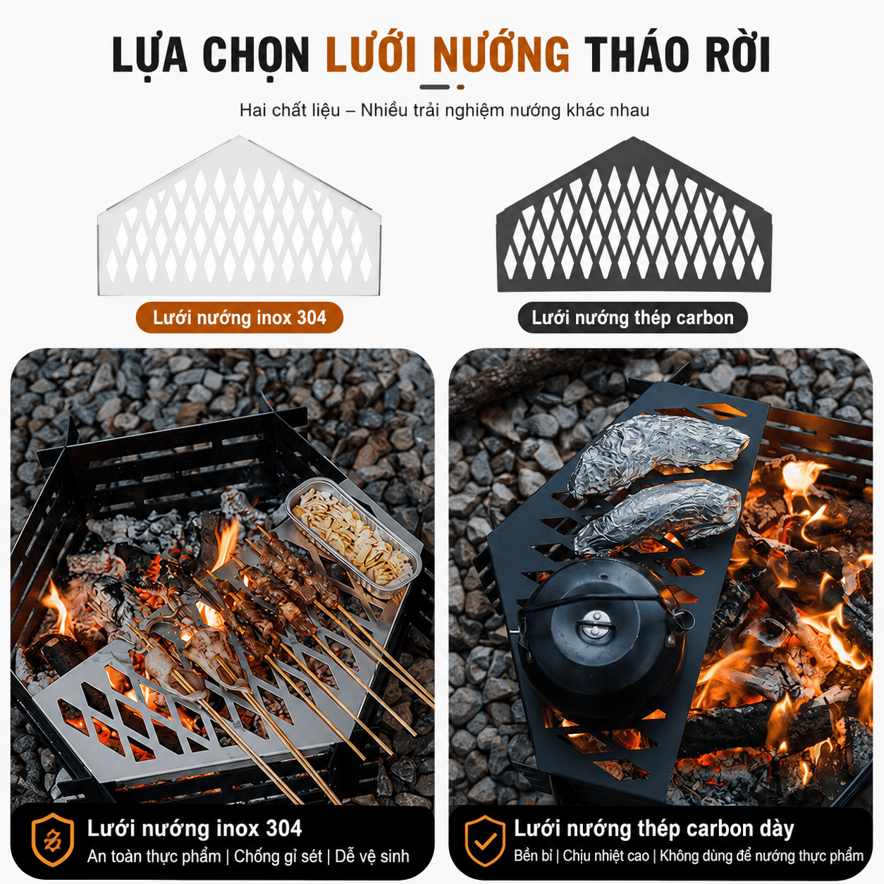 Bếp Lửa Dã Ngoại ShineTrip Gấp Gọn – Khay Đốt Củi Thép Carbon, Bếp Đốt Lửa Camping, BBQ Ngoài Trời