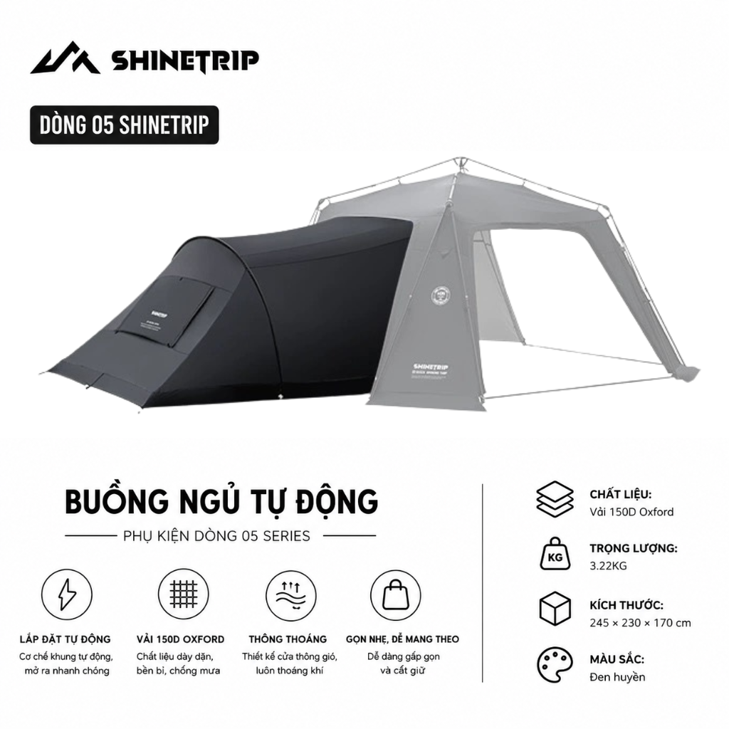 Lều Tự Động Mái Vòm SHINETRIP 05 4x4m – Vải Oxford 150D Tráng Bạc, Chống Nắng Mưa, Dã Ngoại Gia Đình