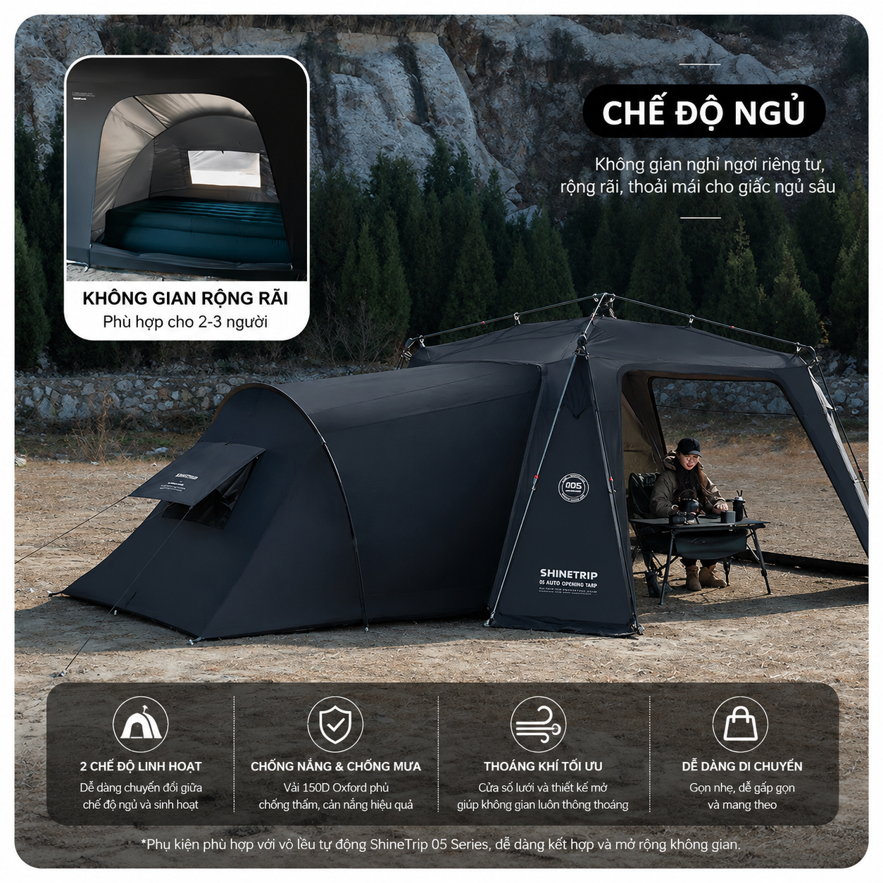 Lều Tự Động Mái Vòm SHINETRIP 05 4x4m – Vải Oxford 150D Tráng Bạc, Chống Nắng Mưa, Dã Ngoại Gia Đình