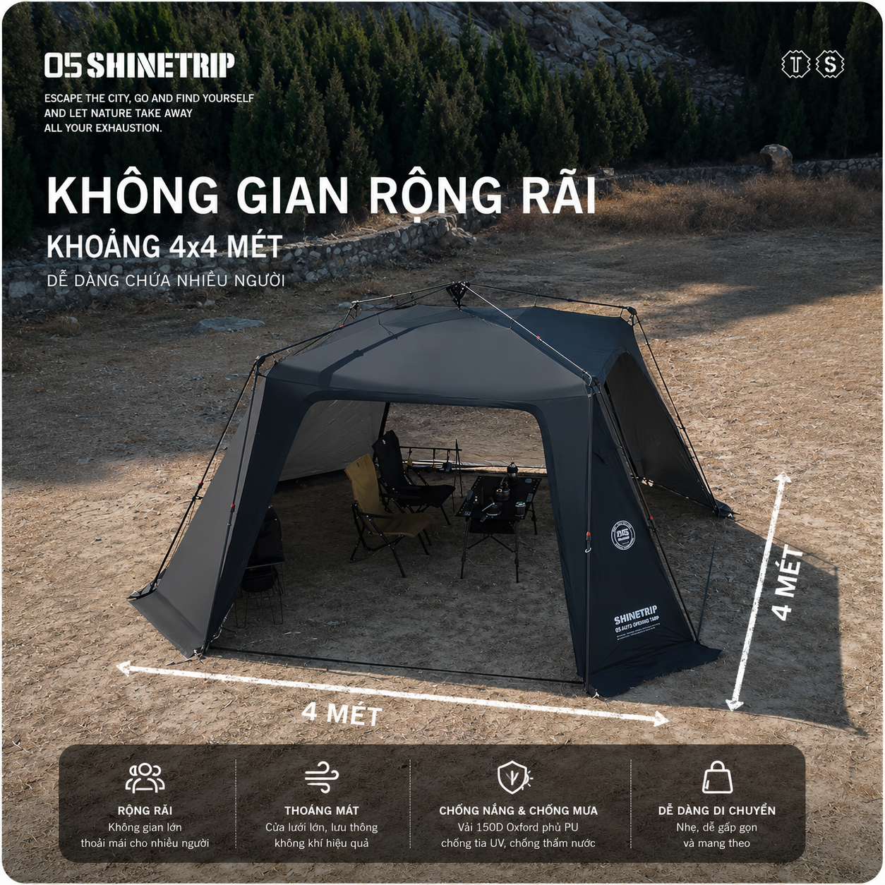 Lều Tự Động Mái Vòm SHINETRIP 05 4x4m – Vải Oxford 150D Tráng Bạc, Chống Nắng Mưa, Dã Ngoại Gia Đình
