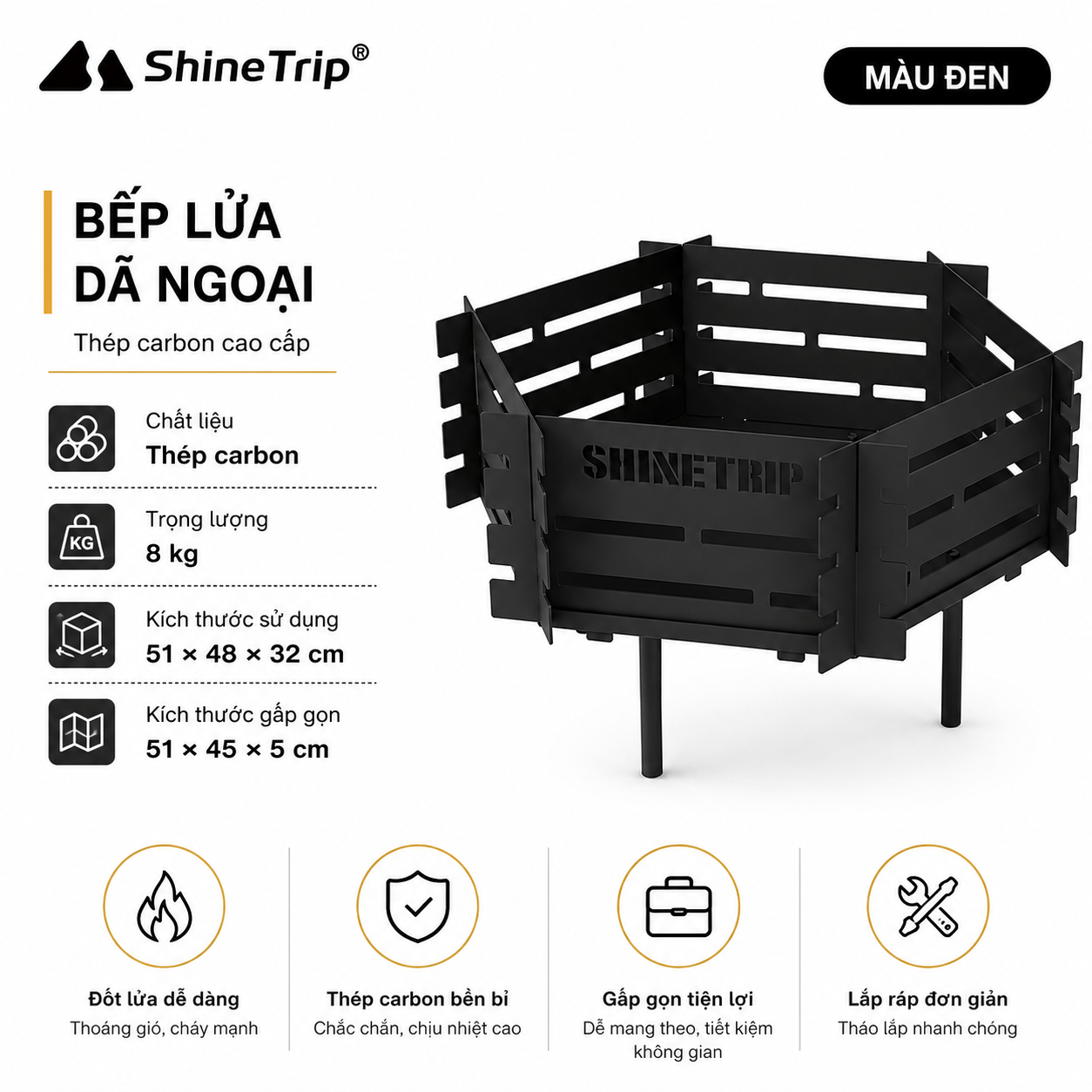 Bếp Lửa Dã Ngoại ShineTrip Gấp Gọn – Khay Đốt Củi Thép Carbon, Bếp Đốt Lửa Camping, BBQ Ngoài Trời