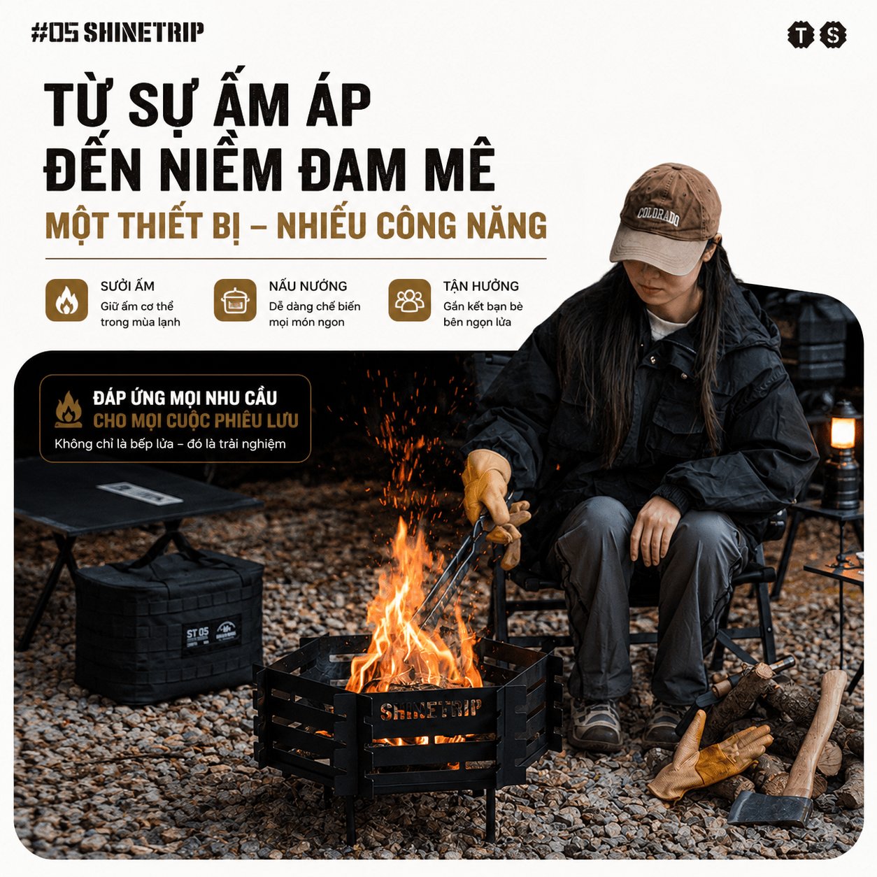 Bếp Lửa Dã Ngoại ShineTrip Gấp Gọn – Khay Đốt Củi Thép Carbon, Bếp Đốt Lửa Camping, BBQ Ngoài Trời