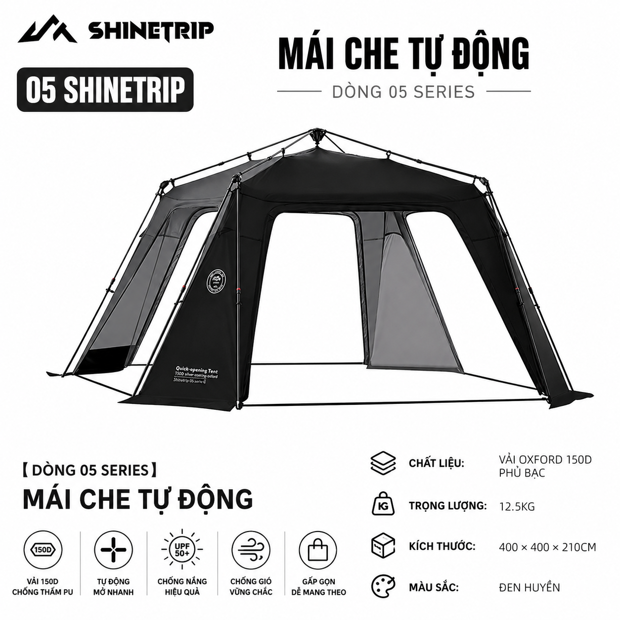 Lều Tự Động Mái Vòm SHINETRIP 05 4x4m – Vải Oxford 150D Tráng Bạc, Chống Nắng Mưa, Dã Ngoại Gia Đình