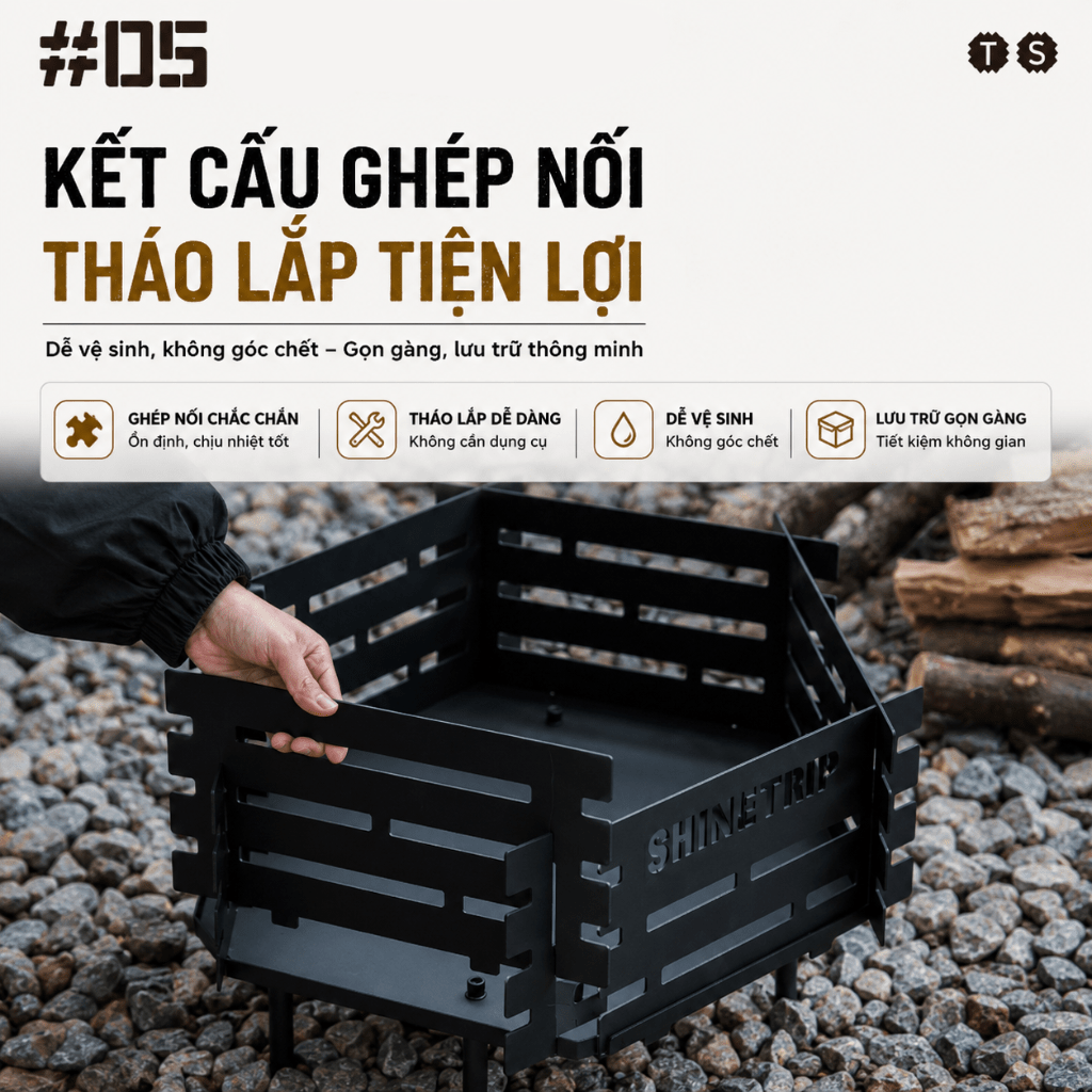 Bếp Lửa Dã Ngoại ShineTrip Gấp Gọn – Khay Đốt Củi Thép Carbon, Bếp Đốt Lửa Camping, BBQ Ngoài Trời