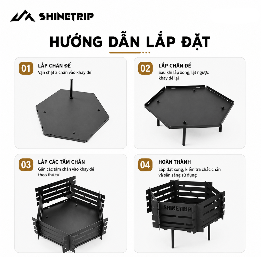 Bếp Lửa Dã Ngoại ShineTrip Gấp Gọn – Khay Đốt Củi Thép Carbon, Bếp Đốt Lửa Camping, BBQ Ngoài Trời