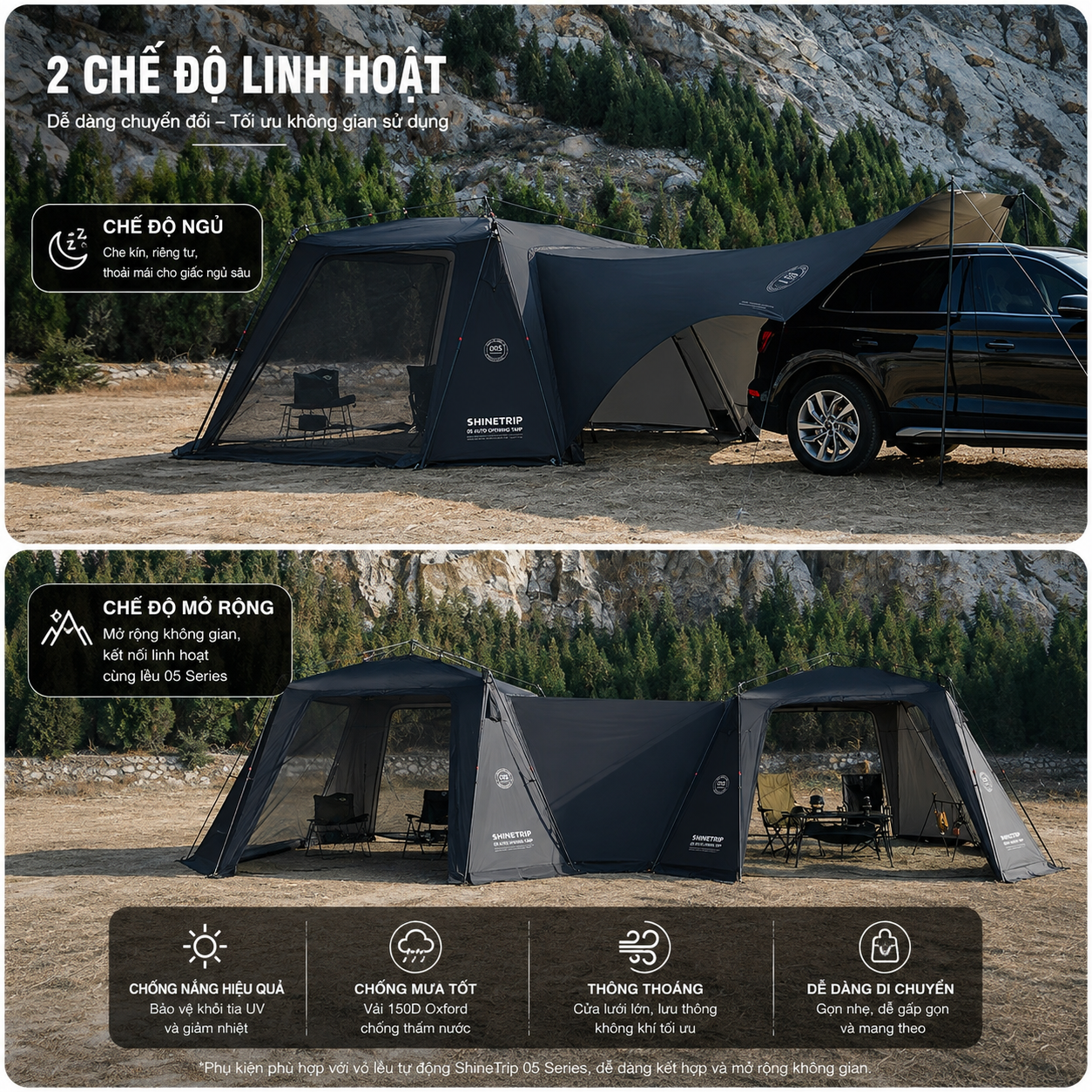 Lều Tự Động Mái Vòm SHINETRIP 05 4x4m – Vải Oxford 150D Tráng Bạc, Chống Nắng Mưa, Dã Ngoại Gia Đình