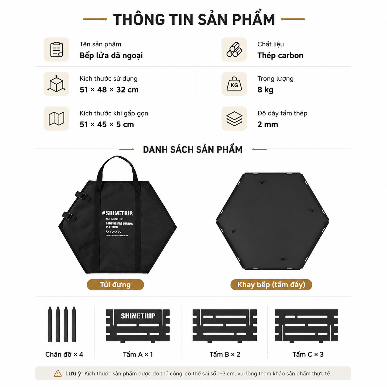 Bếp Lửa Dã Ngoại ShineTrip Gấp Gọn – Khay Đốt Củi Thép Carbon, Bếp Đốt Lửa Camping, BBQ Ngoài Trời