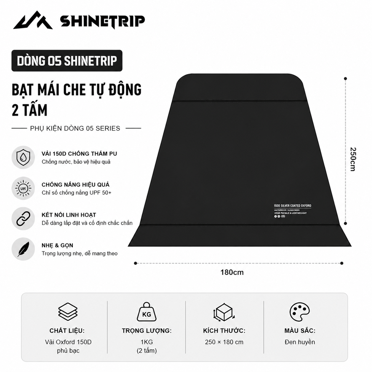 Lều Tự Động Mái Vòm SHINETRIP 05 4x4m – Vải Oxford 150D Tráng Bạc, Chống Nắng Mưa, Dã Ngoại Gia Đình