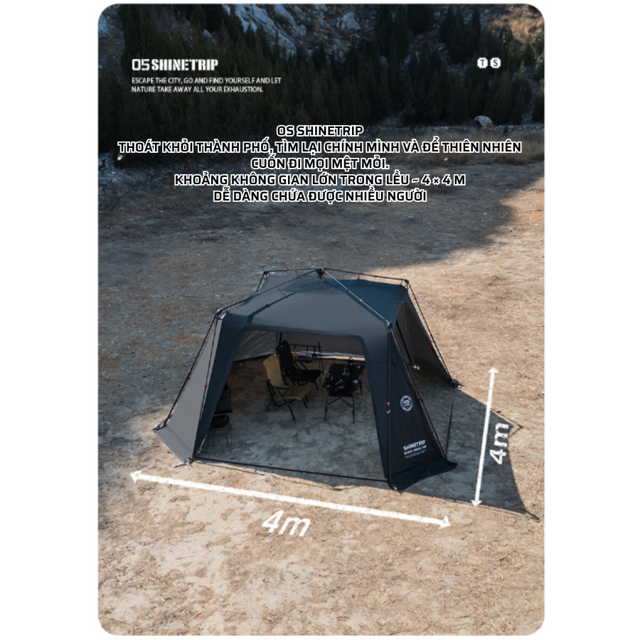 Lều Tự Động Mái Vòm SHINETRIP 05 4x4m – Vải Oxford 150D Tráng Bạc, Chống Nắng Mưa, Dã Ngoại Gia Đình