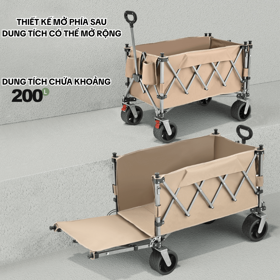Xe Đẩy Cắm Trại Gấp Gọn Mở Rộng Dung Tích Lớn 200L-300L, Xe Kéo Dã Ngoại Có Phanh Kép, Khung Thép Q195
