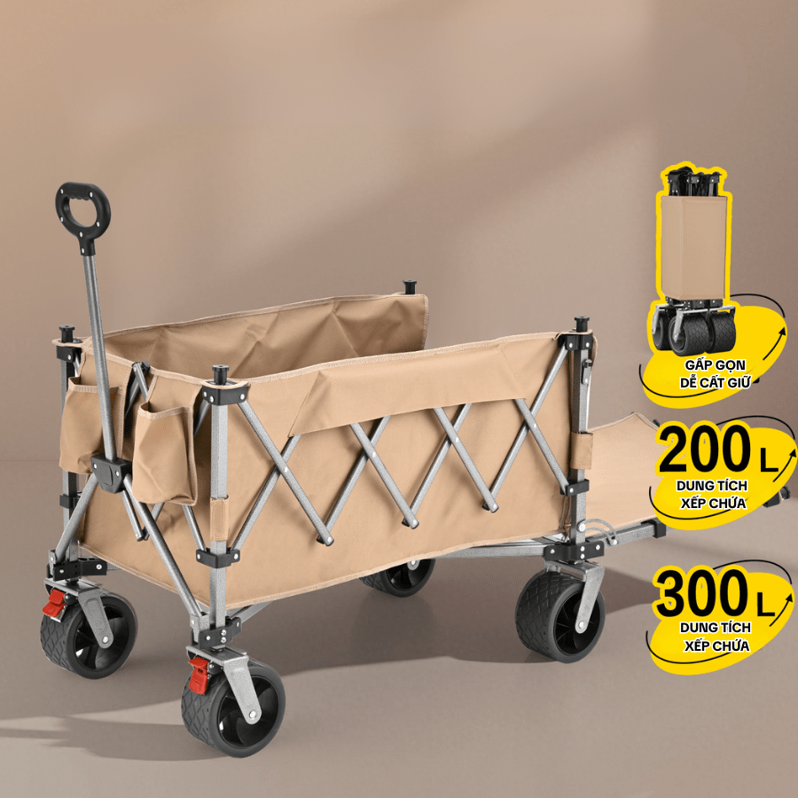 Xe Đẩy Cắm Trại Gấp Gọn Mở Rộng Dung Tích Lớn 200L-300L, Xe Kéo Dã Ngoại Có Phanh Kép, Khung Thép Q195