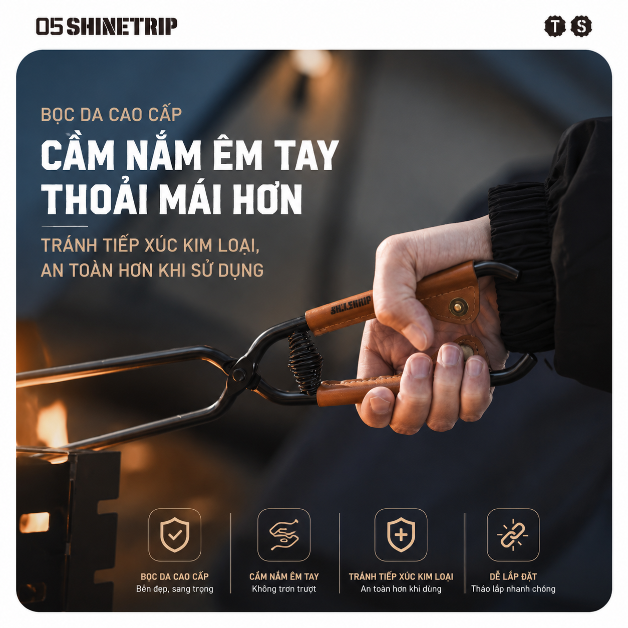 Kẹp Gắp Than Củi Dã Ngoại SHINETRIP 05 Thép Carbon Có Lò Xo Trợ Lực, Răng Cưa Chống Trượt Dài 44cm/55cm