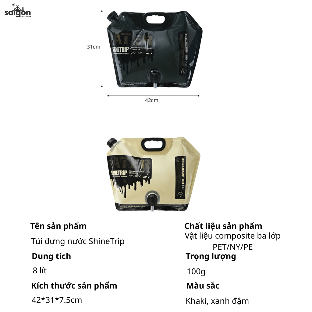 Túi Đựng Nước Camping ShineTrip 8L Can Nước Dã Ngoại Gấp Gọn, Van Xả Điều Chỉnh Lưu Lượng, Chịu Lực Cao