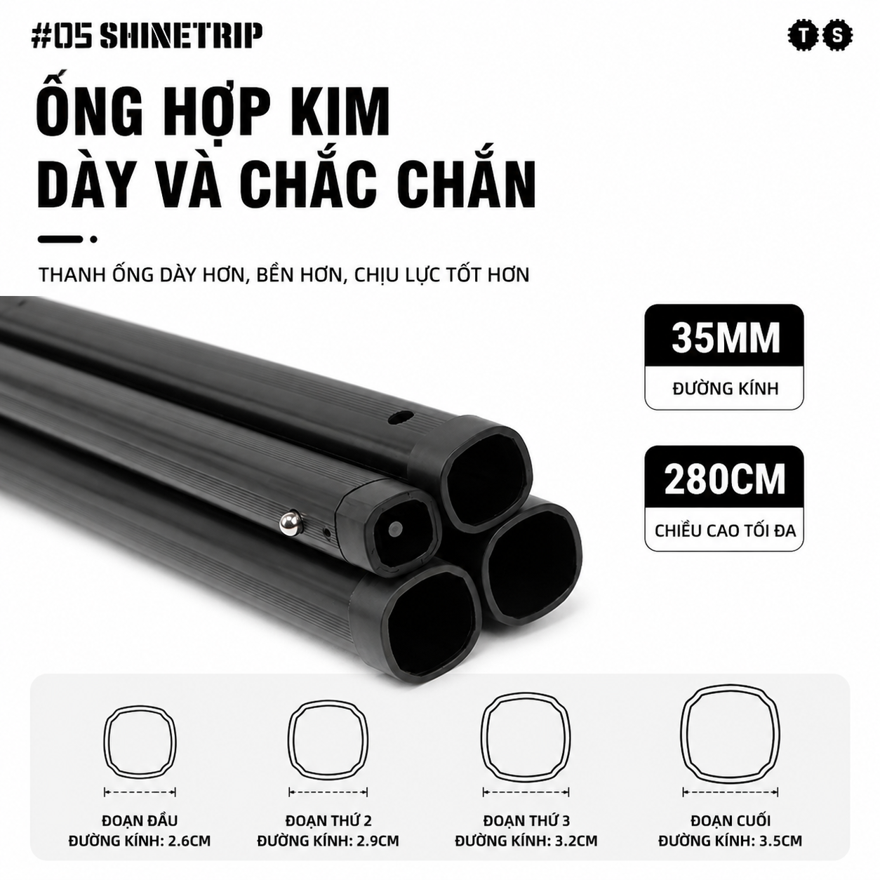 Cột Dựng Tăng Bạt SHINETRIP O5 - Nhôm 6061 Cao Cấp, Thu Gọn & Kéo Dài, Chịu Lực Tốt (2 Cột)