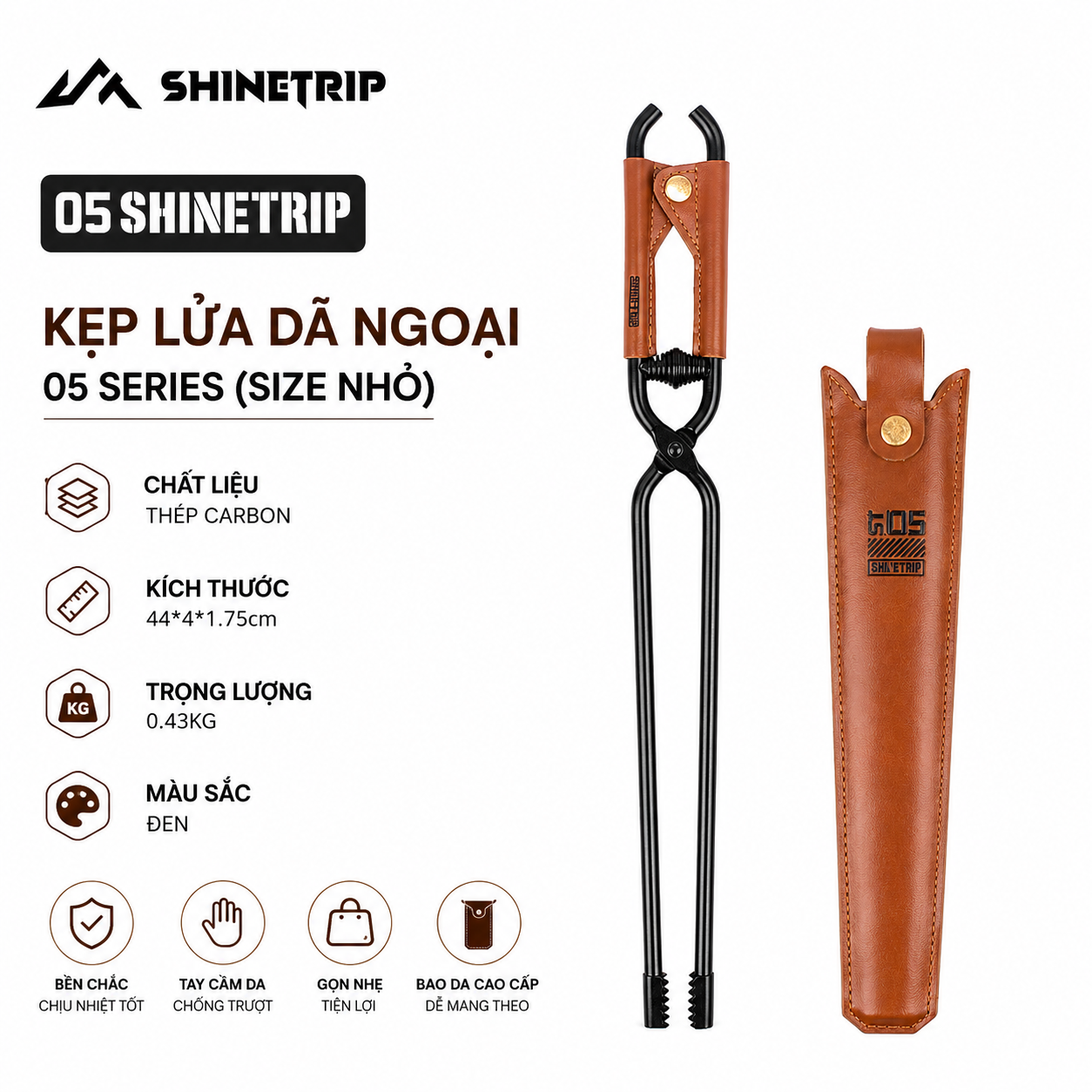 Kẹp Gắp Than Củi Dã Ngoại SHINETRIP 05 Thép Carbon Có Lò Xo Trợ Lực, Răng Cưa Chống Trượt Dài 44cm/55cm