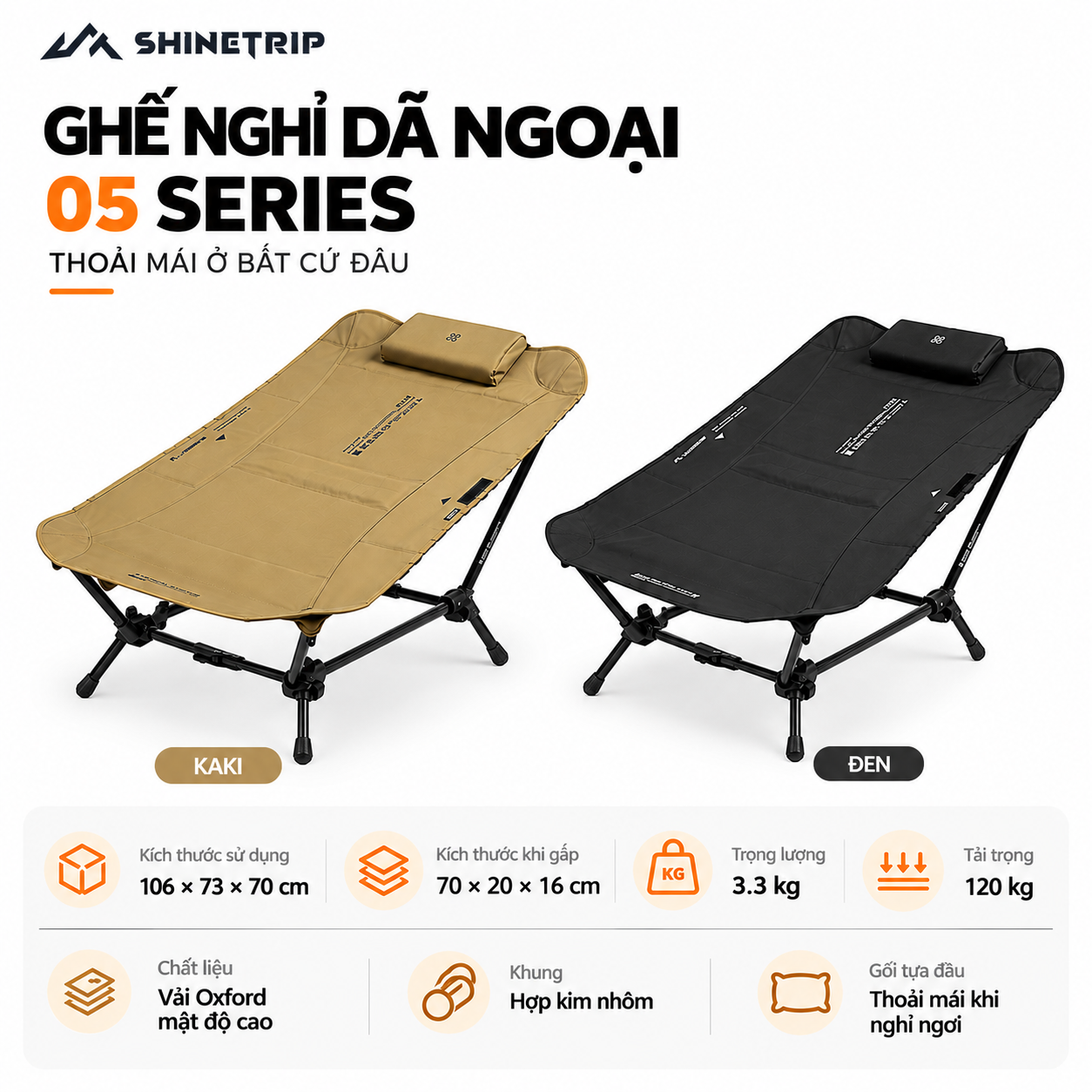 Giường Ghế Xếp Dã Ngoại SHINETRIP Có Tựa Đầu | Giường Ngủ Camping Gấp Gọn Khung Nhôm 7075