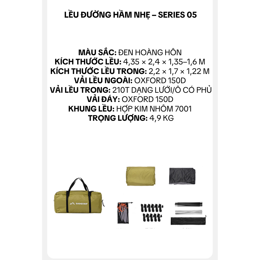 Lều Cắm Trại Đường Hầm ShineTrip – Lều Dã Ngoại Nhẹ, Chứa Xe Máy, Khung Nhôm 7001, Vải Oxford 150D