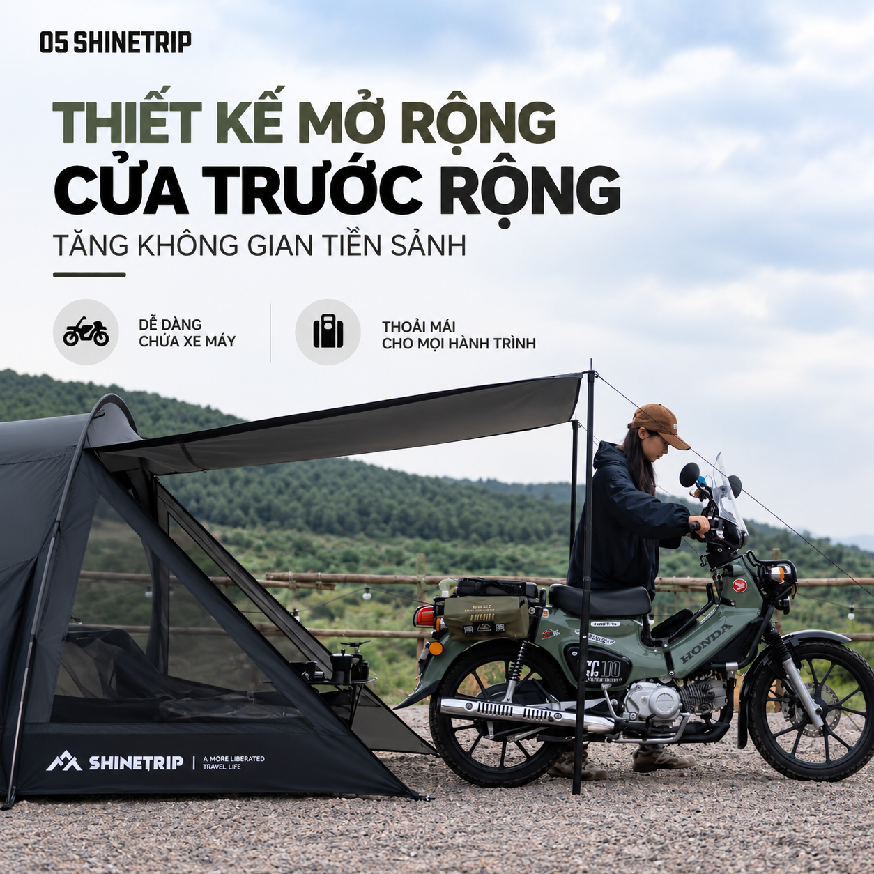 Lều Cắm Trại Đường Hầm ShineTrip – Lều Dã Ngoại Nhẹ, Chứa Xe Máy, Khung Nhôm 7001, Vải Oxford 150D