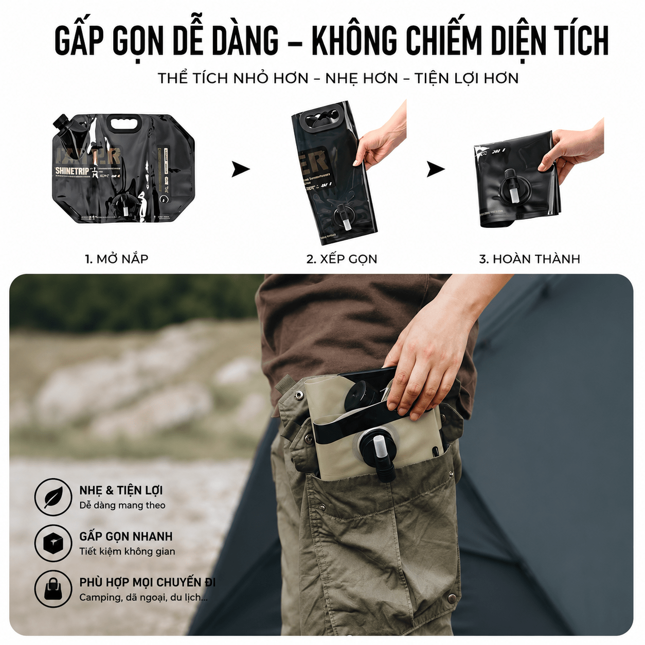 Túi Đựng Nước Camping ShineTrip 8L Can Nước Dã Ngoại Gấp Gọn, Van Xả Điều Chỉnh Lưu Lượng, Chịu Lực Cao