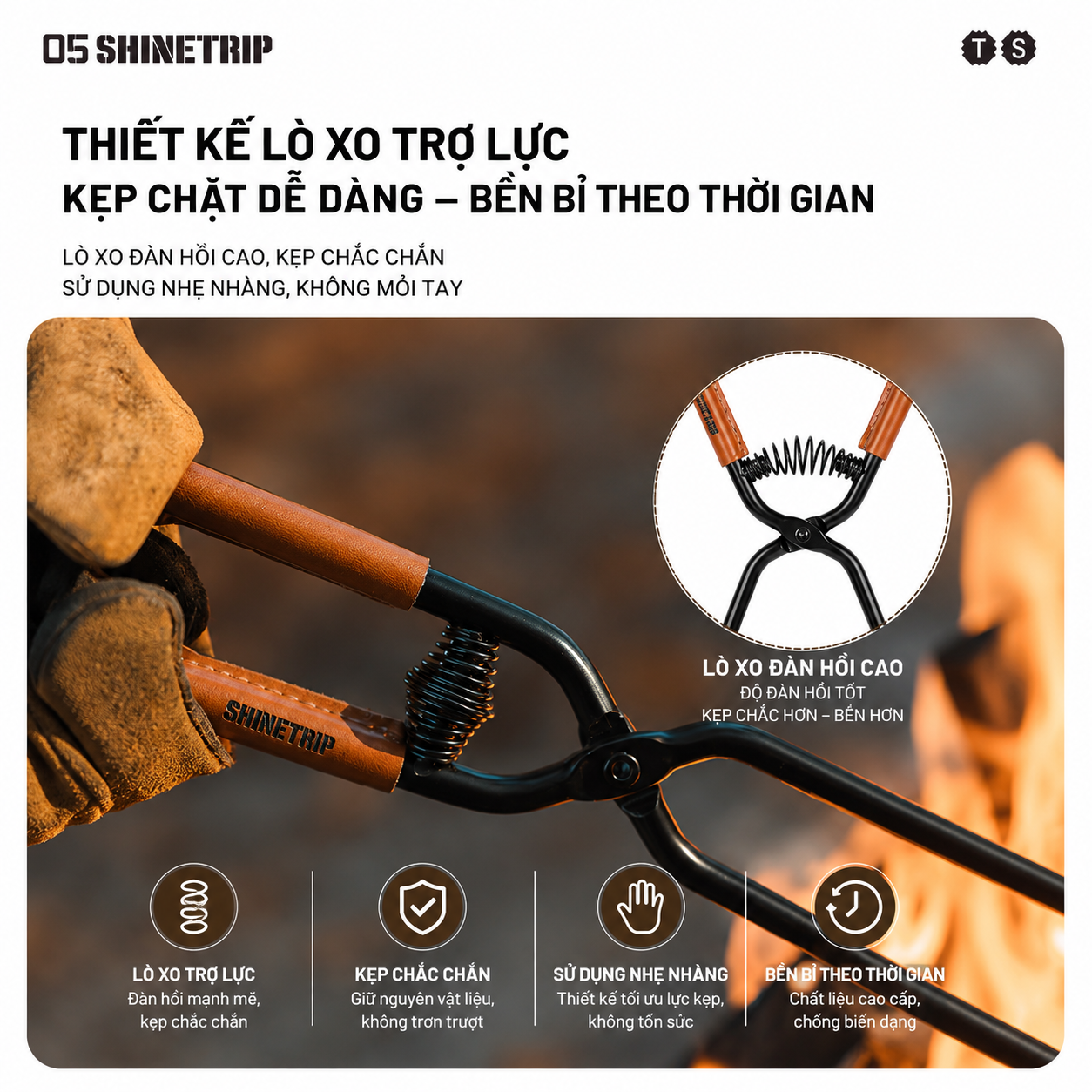 Kẹp Gắp Than Củi Dã Ngoại SHINETRIP 05 Thép Carbon Có Lò Xo Trợ Lực, Răng Cưa Chống Trượt Dài 44cm/55cm