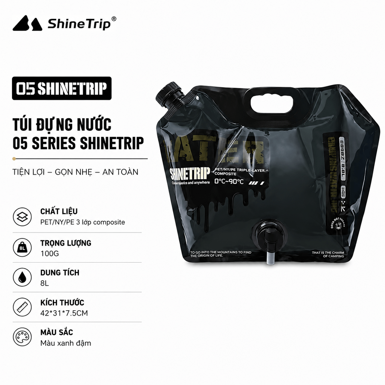 Túi Đựng Nước Camping ShineTrip 8L Can Nước Dã Ngoại Gấp Gọn, Van Xả Điều Chỉnh Lưu Lượng, Chịu Lực Cao