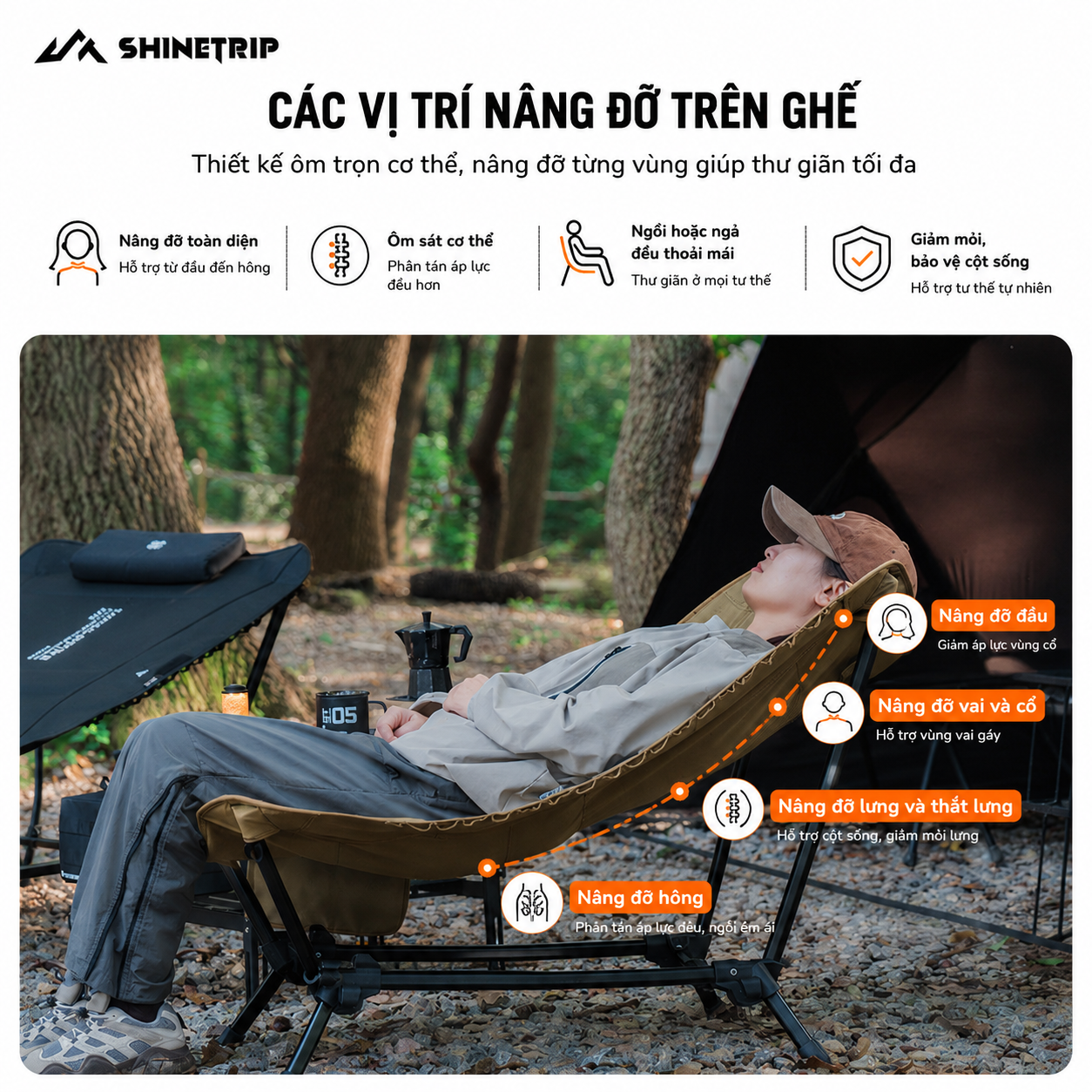 Giường Ghế Xếp Dã Ngoại SHINETRIP Có Tựa Đầu | Giường Ngủ Camping Gấp Gọn Khung Nhôm 7075