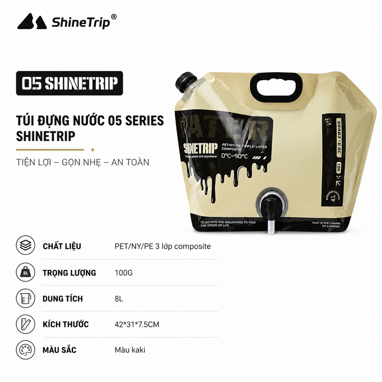 Túi Đựng Nước Camping ShineTrip 8L Can Nước Dã Ngoại Gấp Gọn, Van Xả Điều Chỉnh Lưu Lượng, Chịu Lực Cao