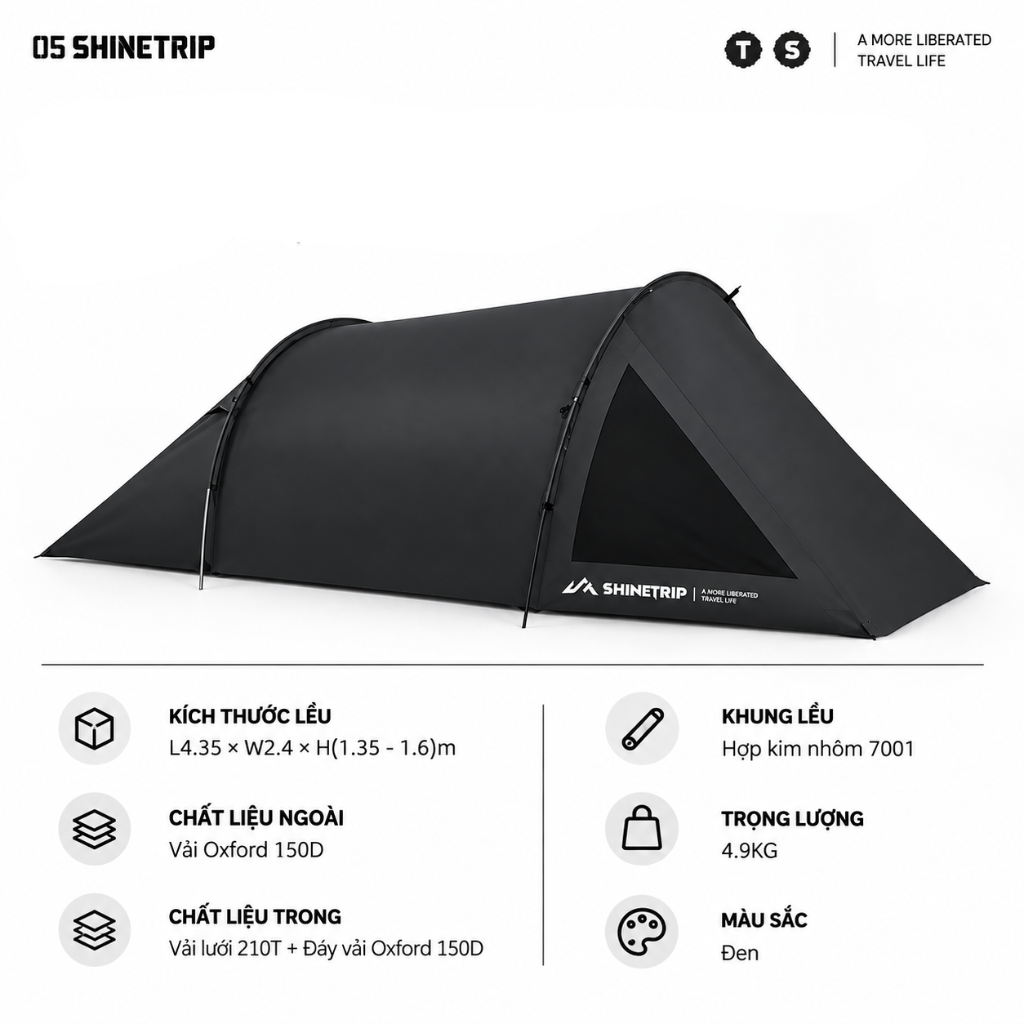 Lều Cắm Trại Đường Hầm ShineTrip – Lều Dã Ngoại Nhẹ, Chứa Xe Máy, Khung Nhôm 7001, Vải Oxford 150D