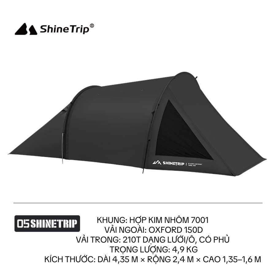 Lều Cắm Trại Đường Hầm ShineTrip – Lều Dã Ngoại Nhẹ, Chứa Xe Máy, Khung Nhôm 7001, Vải Oxford 150D