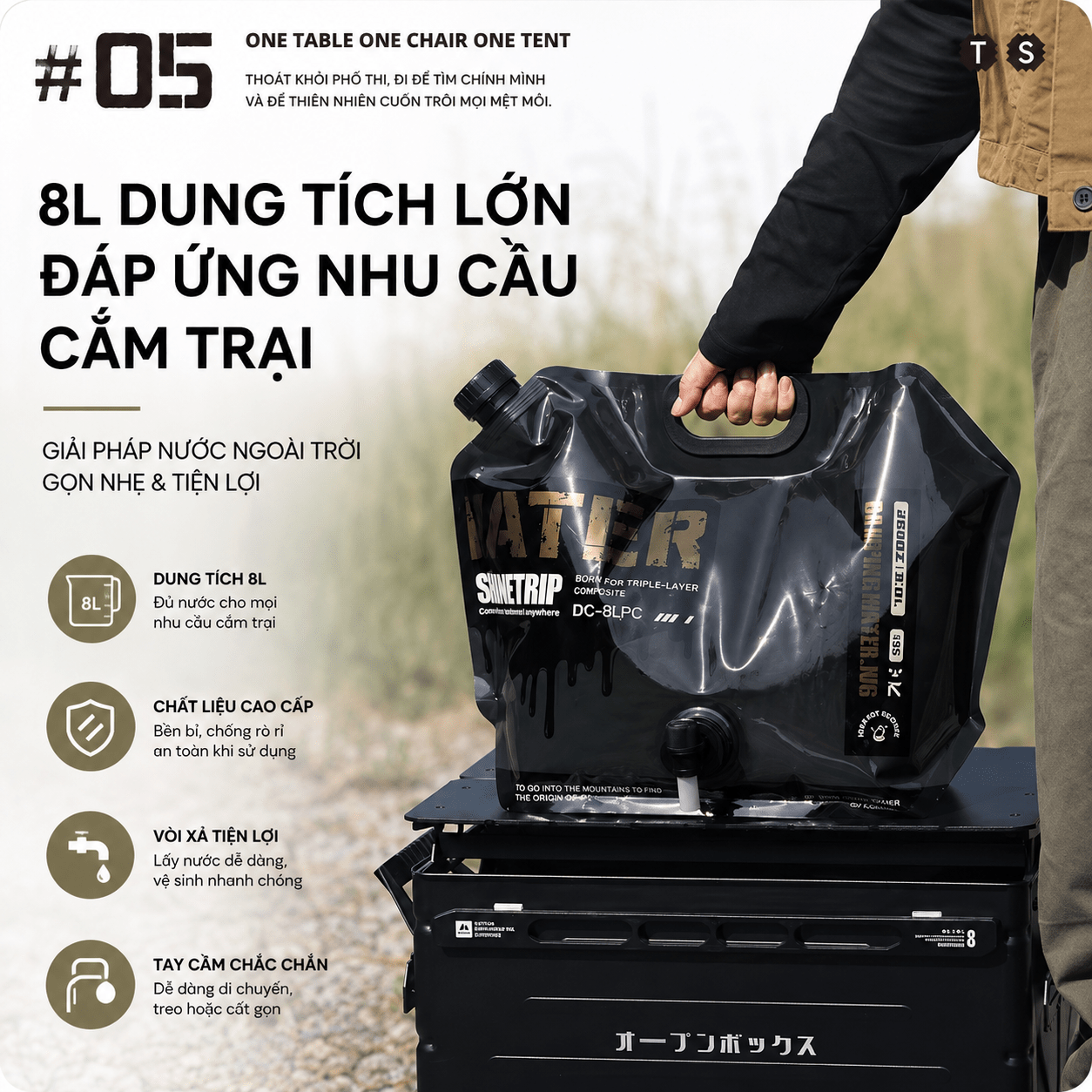 Túi Đựng Nước Camping ShineTrip 8L Can Nước Dã Ngoại Gấp Gọn, Van Xả Điều Chỉnh Lưu Lượng, Chịu Lực Cao