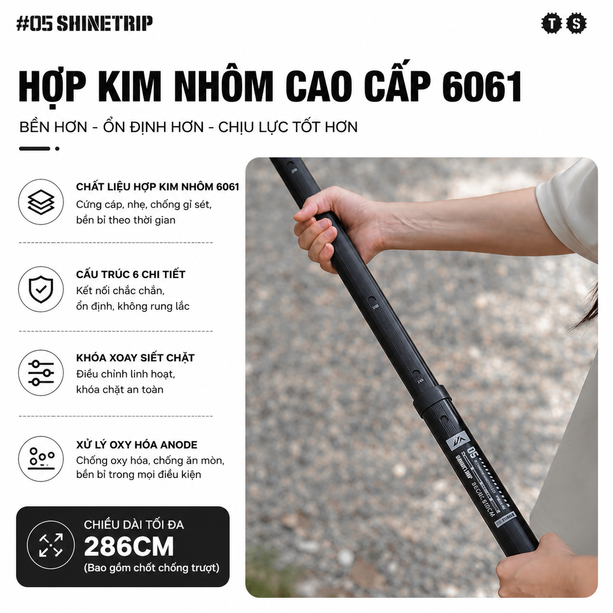 Cột Dựng Tăng Bạt SHINETRIP O5 - Nhôm 6061 Cao Cấp, Thu Gọn & Kéo Dài, Chịu Lực Tốt (2 Cột)
