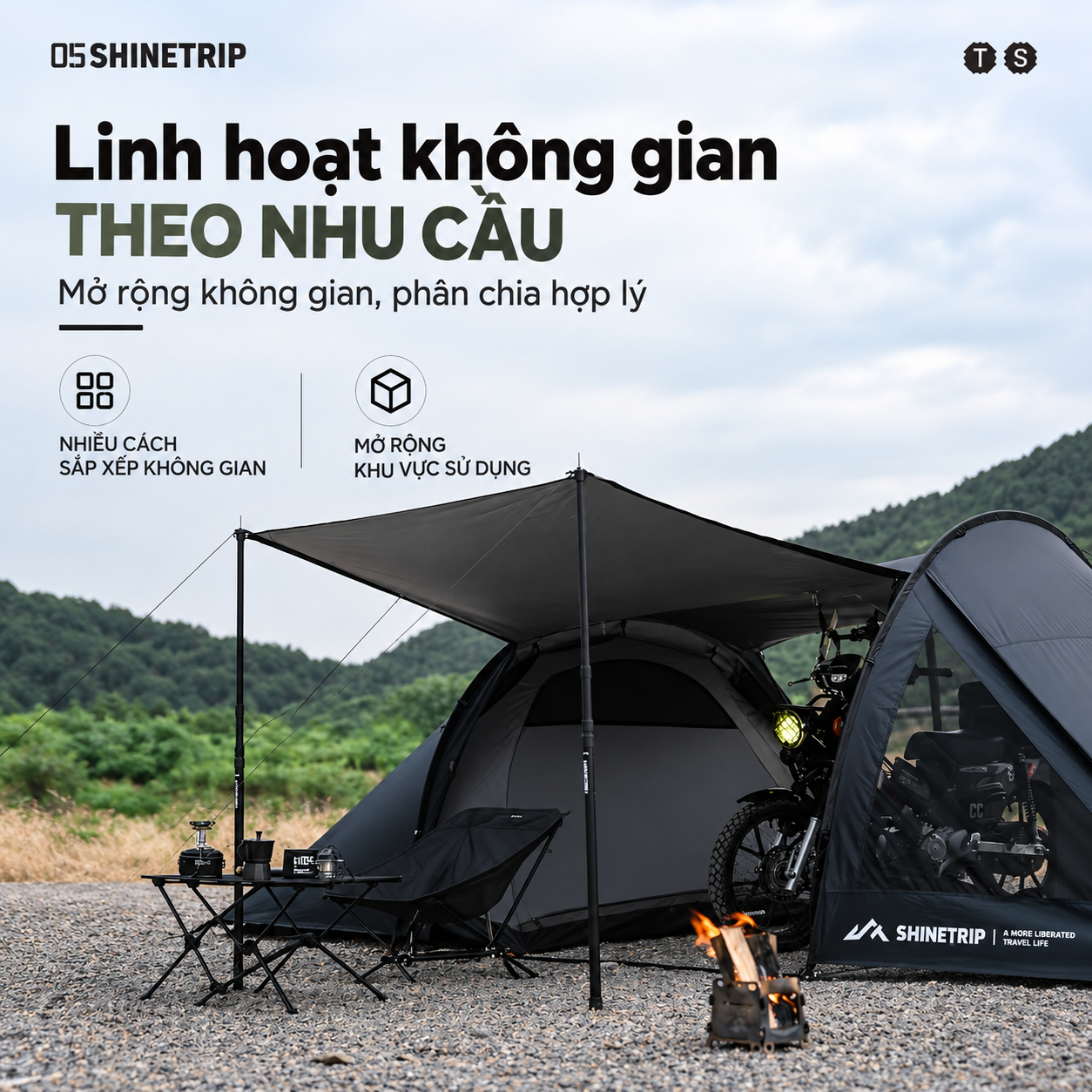 Lều Cắm Trại Đường Hầm ShineTrip – Lều Dã Ngoại Nhẹ, Chứa Xe Máy, Khung Nhôm 7001, Vải Oxford 150D