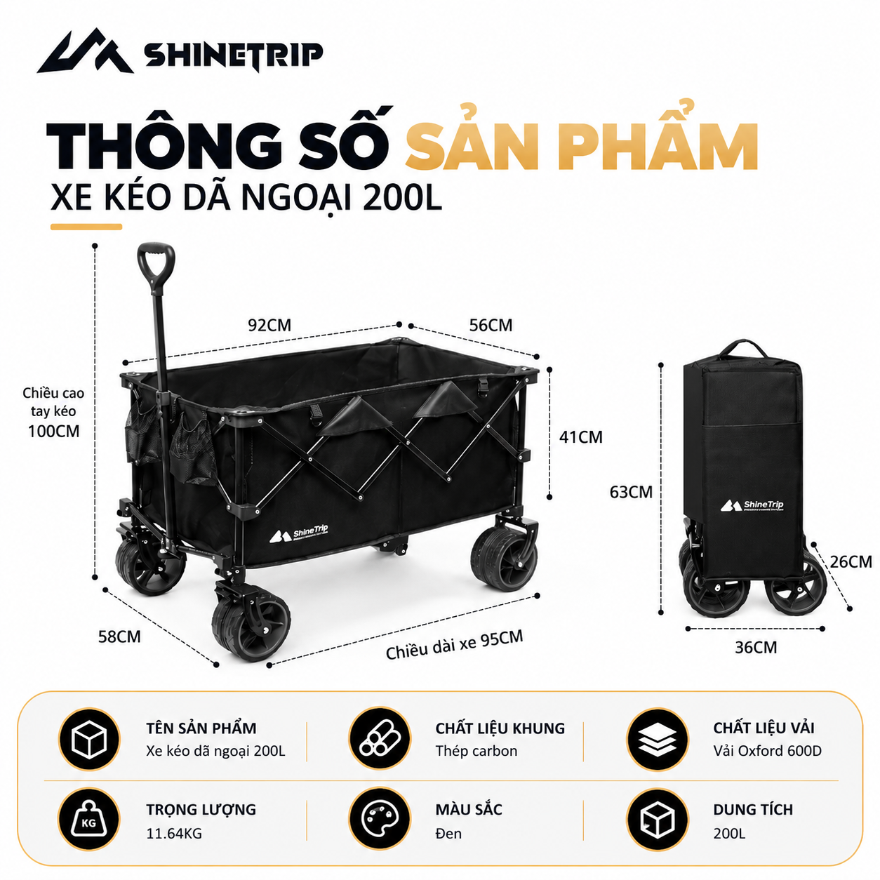 Xe Kéo Gấp Dã Ngoại ST 200L | Xe Kéo Camping Khung Thép Carbon, Vải Oxford 600D, Bánh Lớn Gấp Gọn