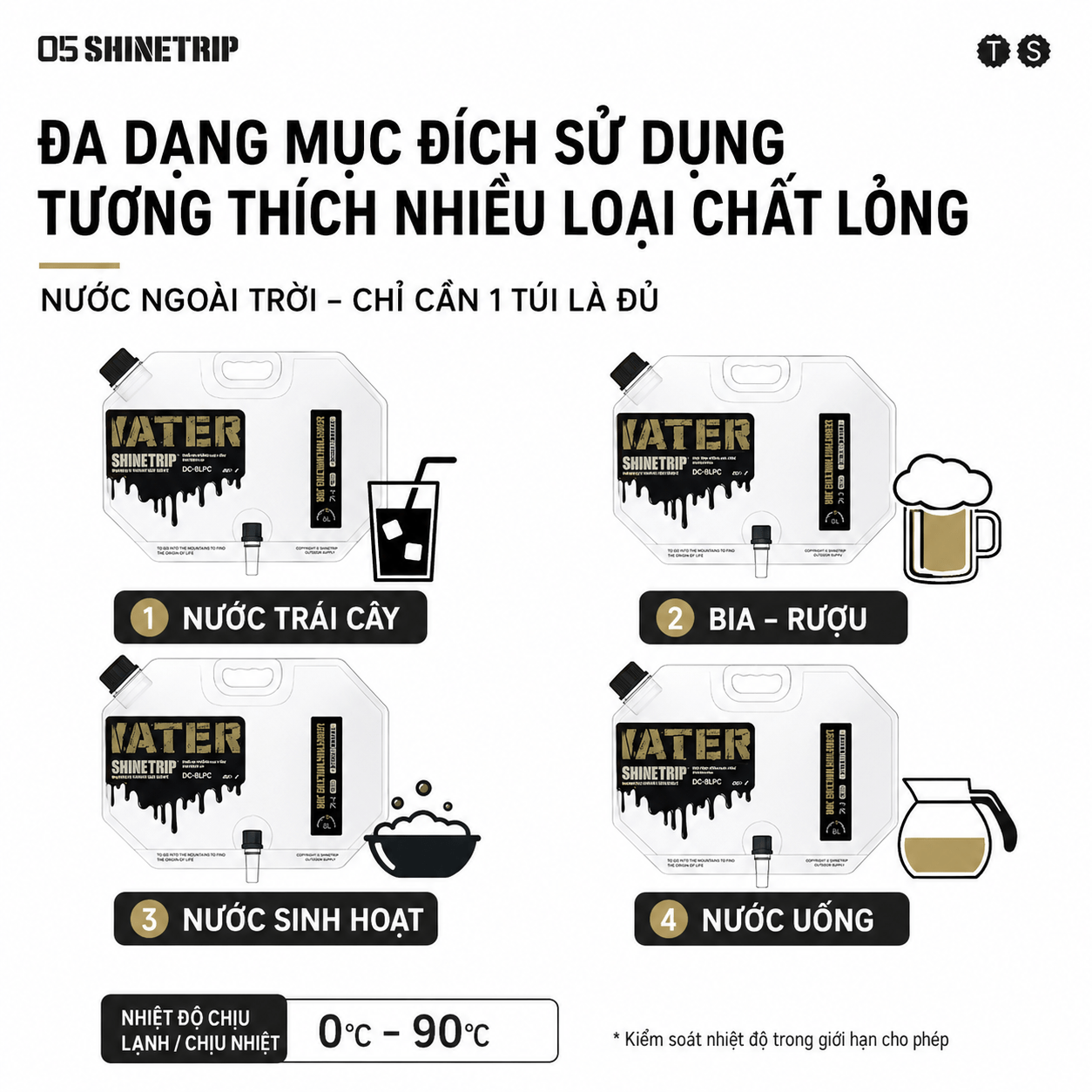 Túi Đựng Nước Camping ShineTrip 8L Can Nước Dã Ngoại Gấp Gọn, Van Xả Điều Chỉnh Lưu Lượng, Chịu Lực Cao