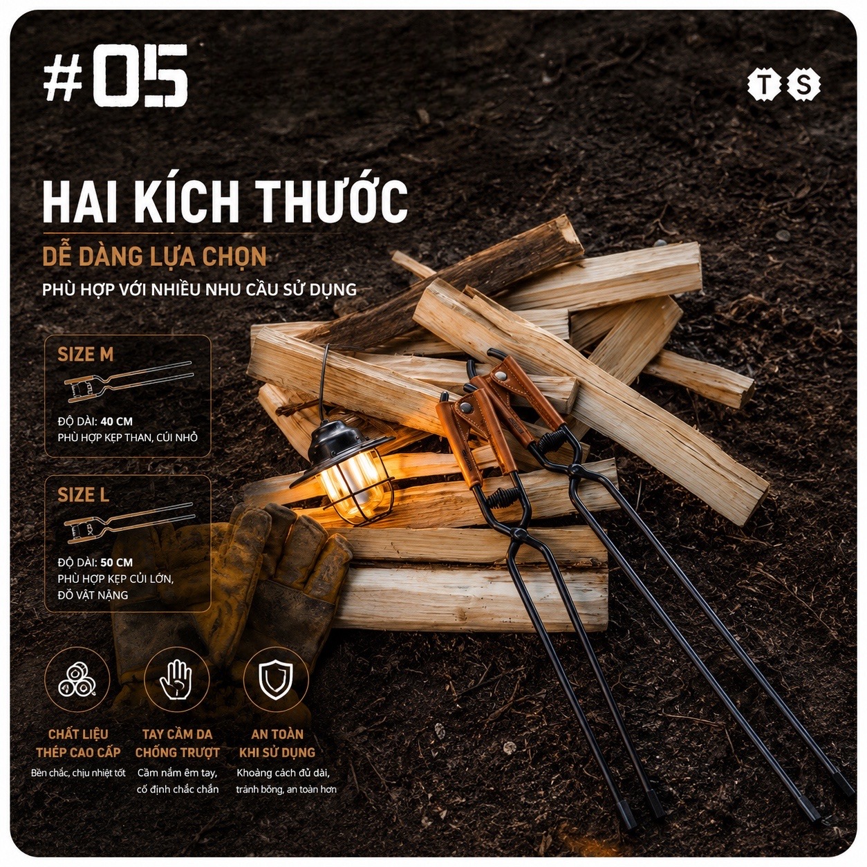 Kẹp Gắp Than Củi Dã Ngoại SHINETRIP 05 Thép Carbon Có Lò Xo Trợ Lực, Răng Cưa Chống Trượt Dài 44cm/55cm