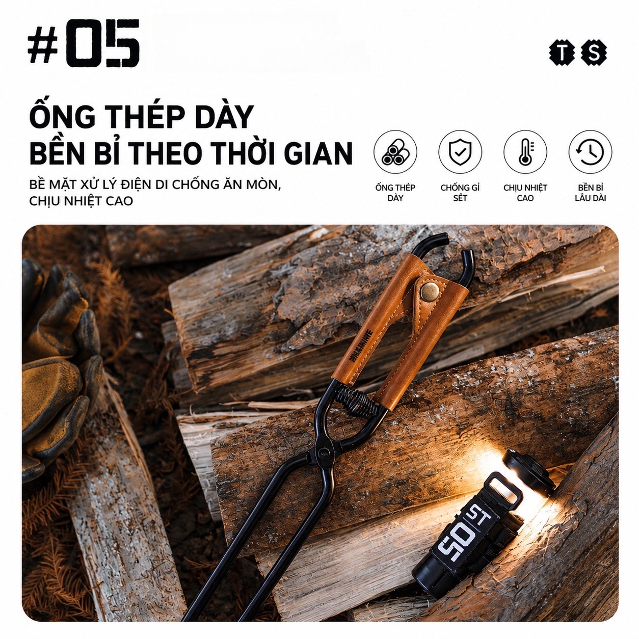 Kẹp Gắp Than Củi Dã Ngoại SHINETRIP 05 Thép Carbon Có Lò Xo Trợ Lực, Răng Cưa Chống Trượt Dài 44cm/55cm