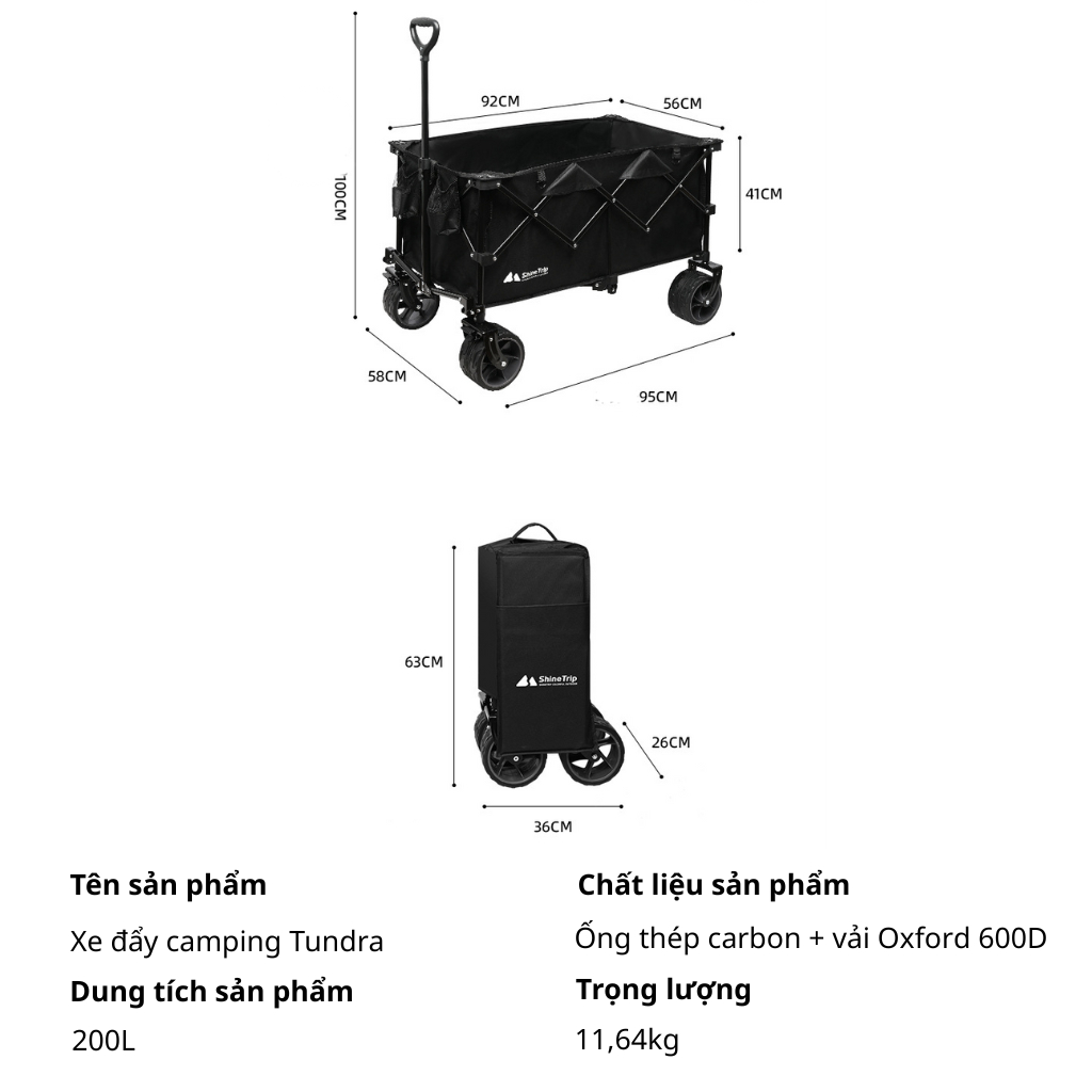 Xe Kéo Gấp Dã Ngoại ST 200L | Xe Kéo Camping Khung Thép Carbon, Vải Oxford 600D, Bánh Lớn Gấp Gọn