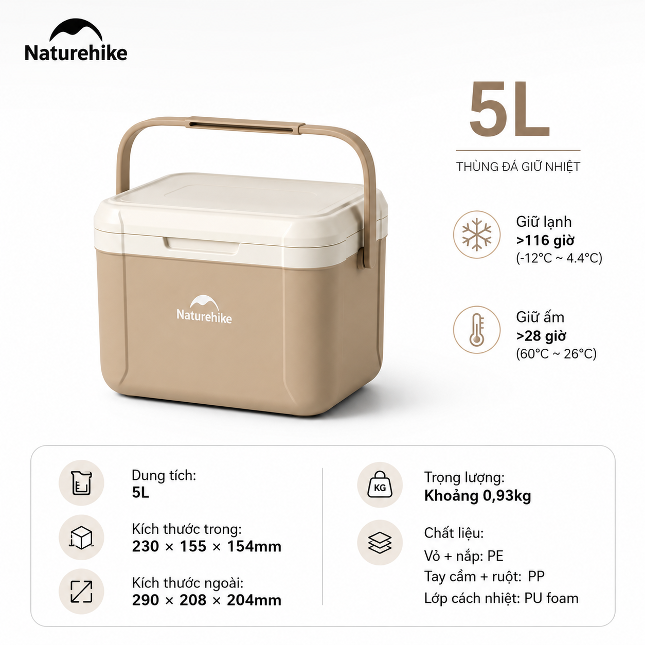 Thùng Đá Mini Naturehike Glamping Ice Cooler CNK2450CF012 18L – Giữ Lạnh 48H, Nhựa PP/PE Cao Cấp