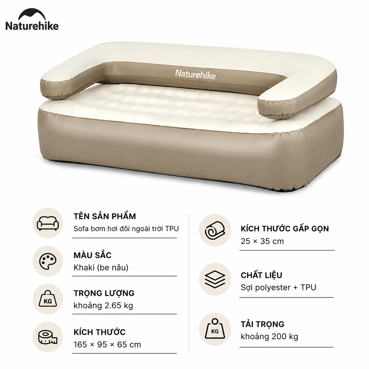 Naturehike NH22FCD06 - Ghế Sofa Hơi, thiết kế biến đổi thành Nệm Hơi Camping 2in1 đa năng, Chịu Tải 200kg