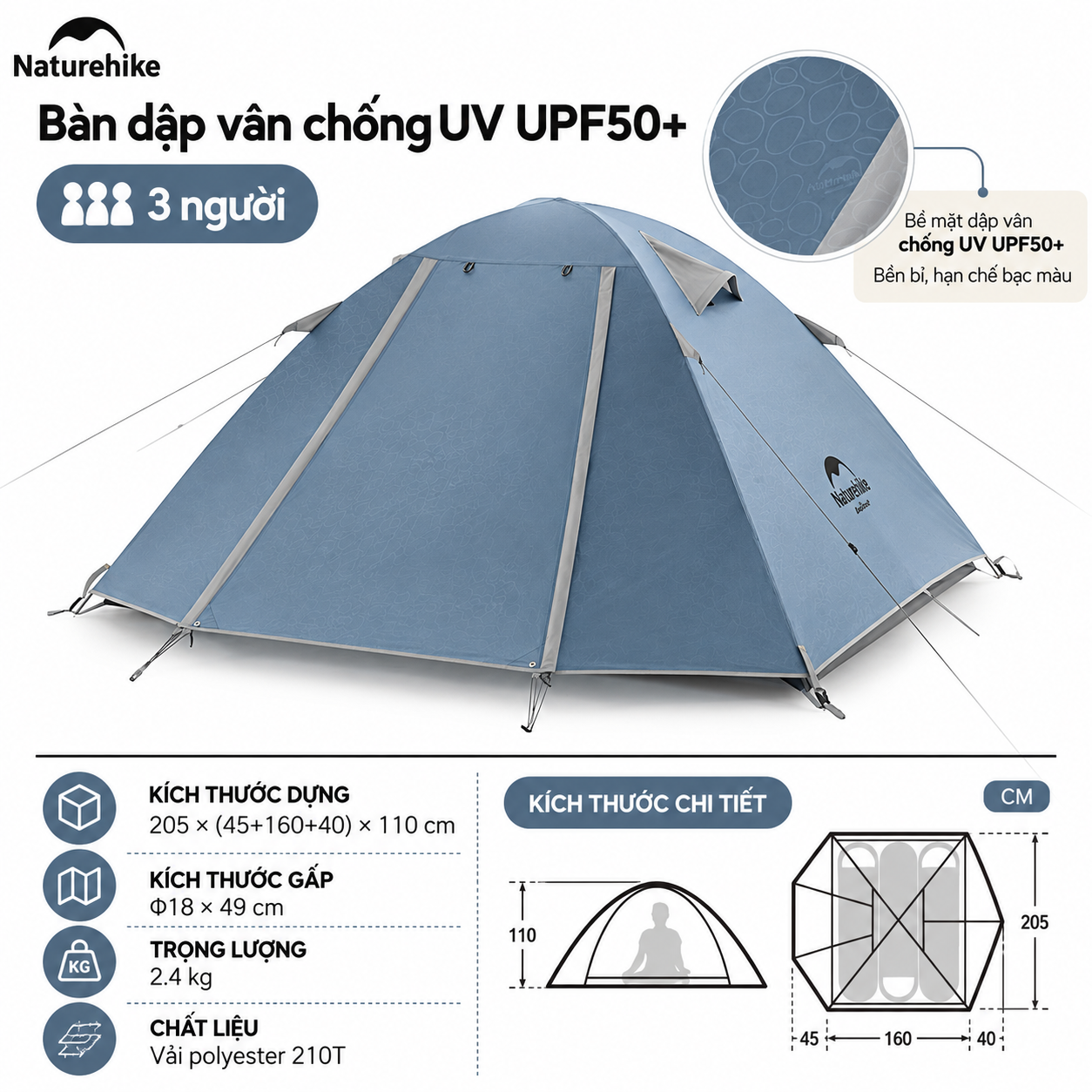 Lều Cắm Trại 2 -3 Người Naturehike NH18Z022-P – Lều 210T Chống Nước 3000mm, Siêu Nhẹ, Trekking/Camping