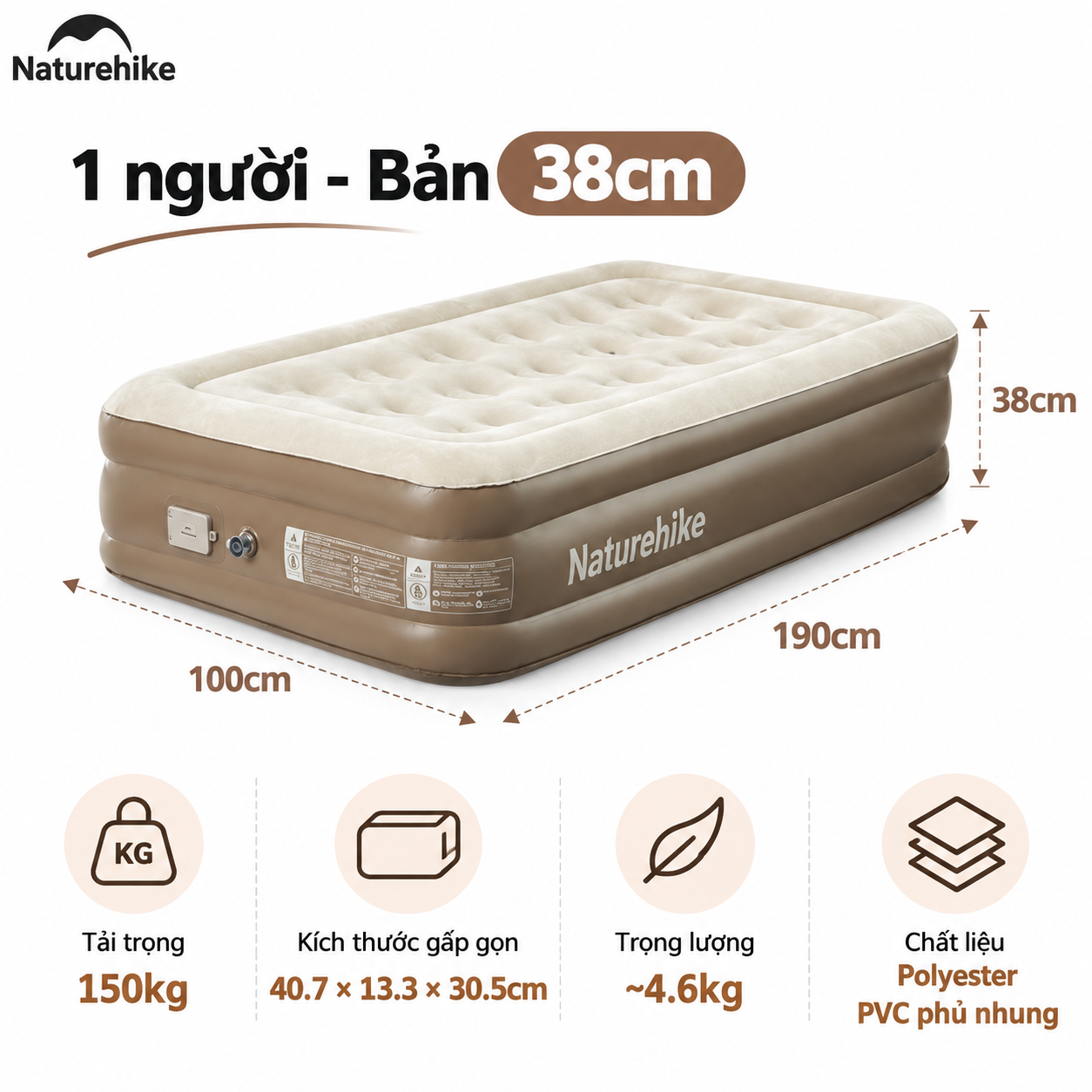 Đệm Hơi Naturehike Tích Hợp Bơm Điện – Nệm Hơi Camping, Giường Hơi Gấp Gọn CNK2550WS013