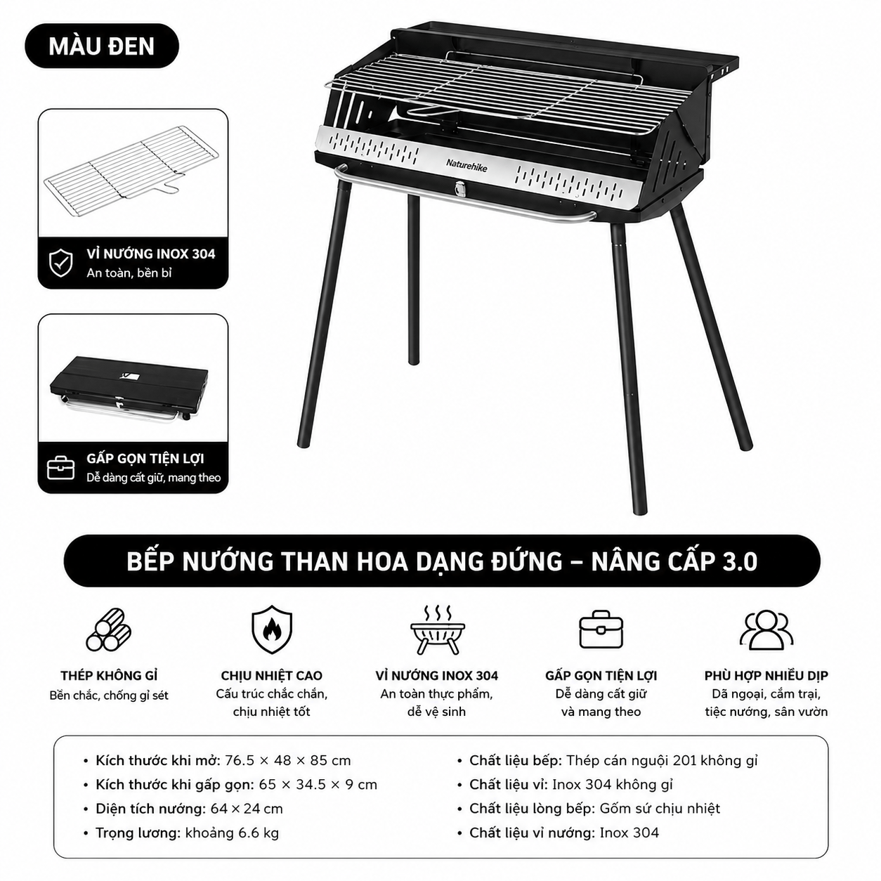 Bếp Nướng BBQ Naturehike N Play CNK2300015 – Bếp Than Dã Ngoại Gấp Gọn, Vỉ Nướng Lớn, Camping