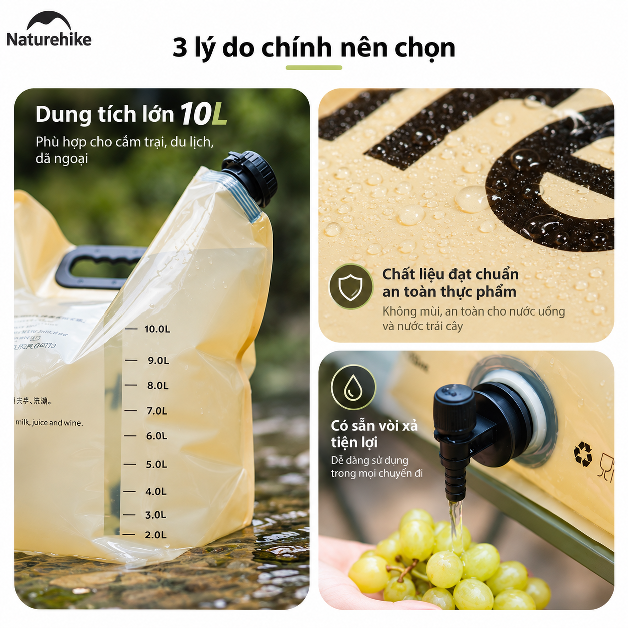 Túi Đựng Nước Gấp Gọn Naturehike 10L Có Vòi Siêu Nhẹ, Chống Rò Rỉ, Dùng Cắm Trại/Trekking