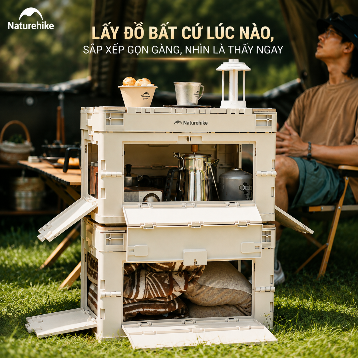 Thùng nhựa đựng đồ cắm trại xếp gọn kèm mặt giả gỗ NatureHike CNK2450XB020